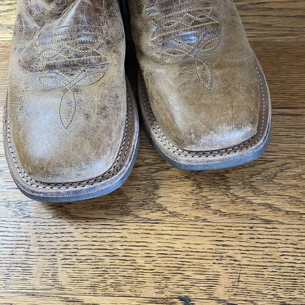 Old West Boys Square Toe Leather Cowboy Boots Sz 1.0 D Brown/Blue Pull On